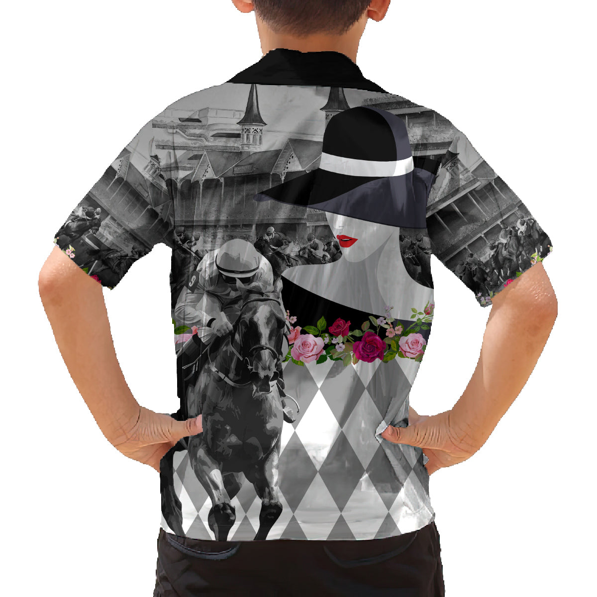 Kentucky Racing Horses Derby Hat Lady Family Matching Summer Maxi Dress and Hawaiian Shirt Churchill Downs and Roses Grayscale - Wonder Print Shop