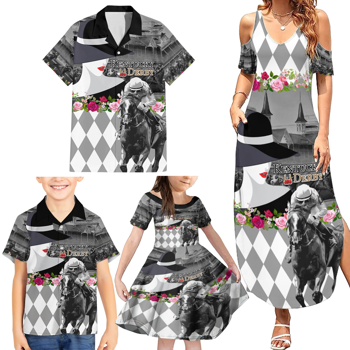 Kentucky Racing Horses Derby Hat Lady Family Matching Summer Maxi Dress and Hawaiian Shirt Churchill Downs and Roses Grayscale - Wonder Print Shop