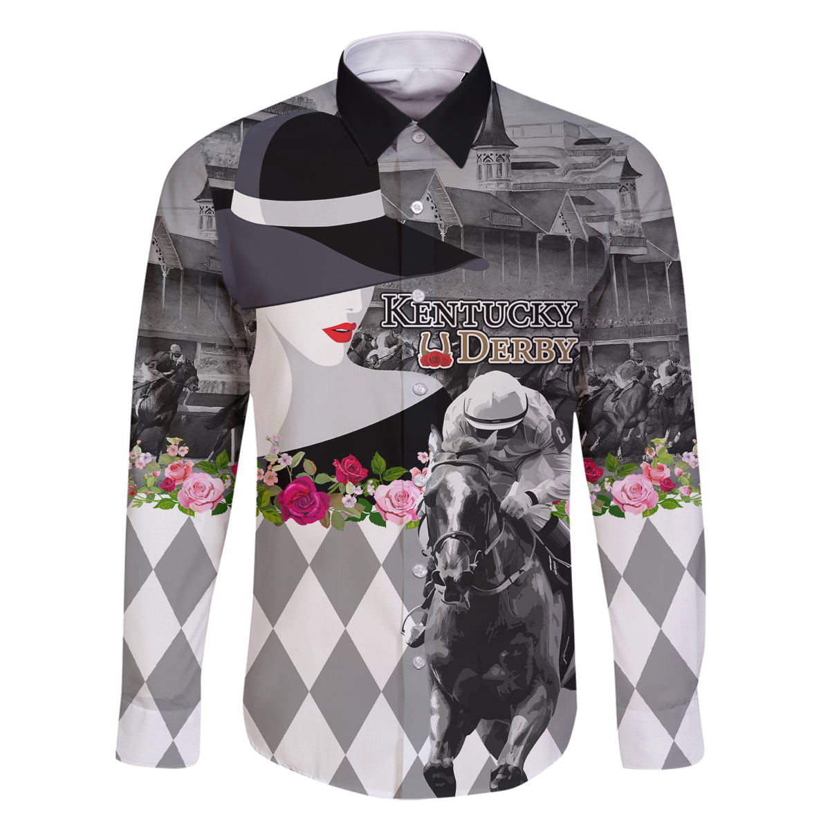 Kentucky Racing Horses Derby Hat Lady Family Matching Summer Maxi Dress and Hawaiian Shirt Churchill Downs and Roses Grayscale - Wonder Print Shop