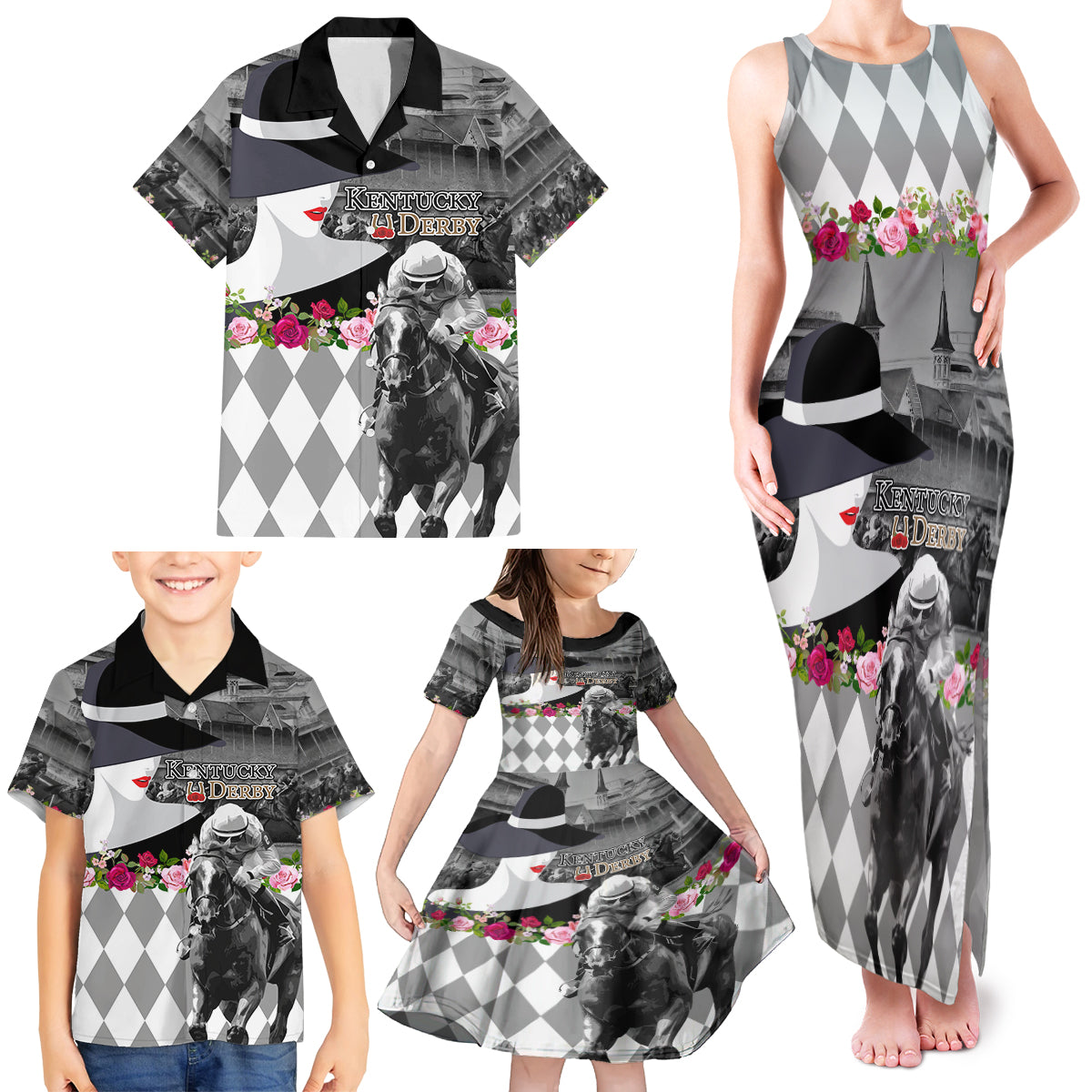 Kentucky Racing Horses Derby Hat Lady Family Matching Tank Maxi Dress and Hawaiian Shirt Churchill Downs and Roses Grayscale - Wonder Print Shop