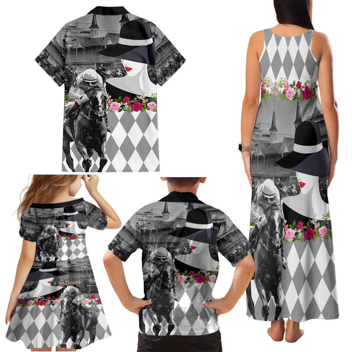 Kentucky Racing Horses Derby Hat Lady Family Matching Tank Maxi Dress and Hawaiian Shirt Churchill Downs and Roses Grayscale - Wonder Print Shop