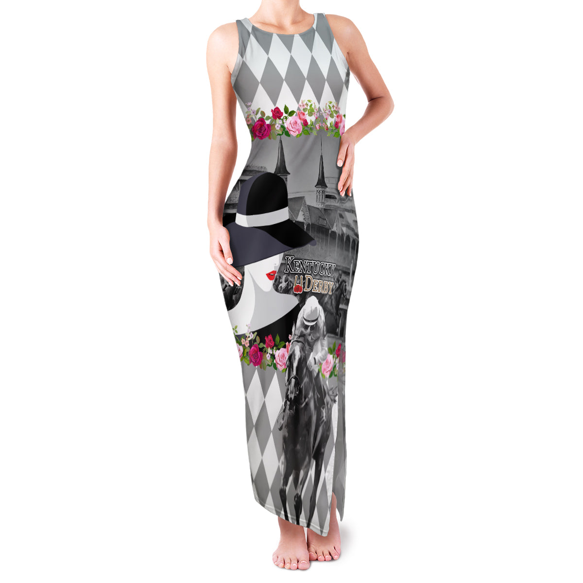 Kentucky Racing Horses Derby Hat Lady Family Matching Tank Maxi Dress and Hawaiian Shirt Churchill Downs and Roses Grayscale - Wonder Print Shop