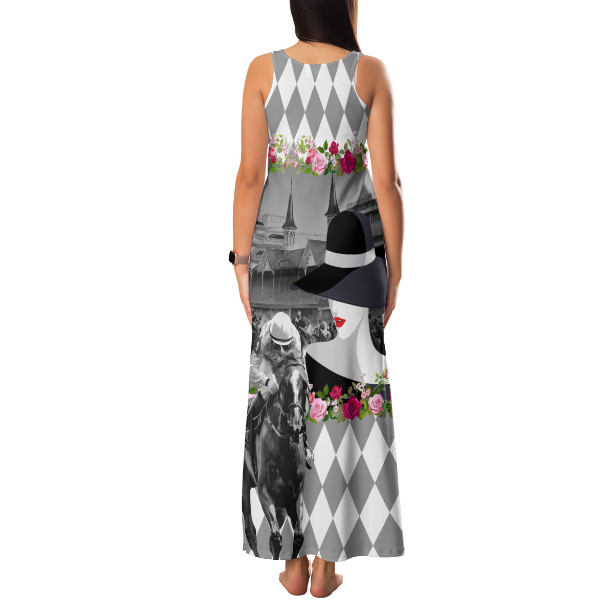 Kentucky Racing Horses Derby Hat Lady Family Matching Tank Maxi Dress and Hawaiian Shirt Churchill Downs and Roses Grayscale - Wonder Print Shop
