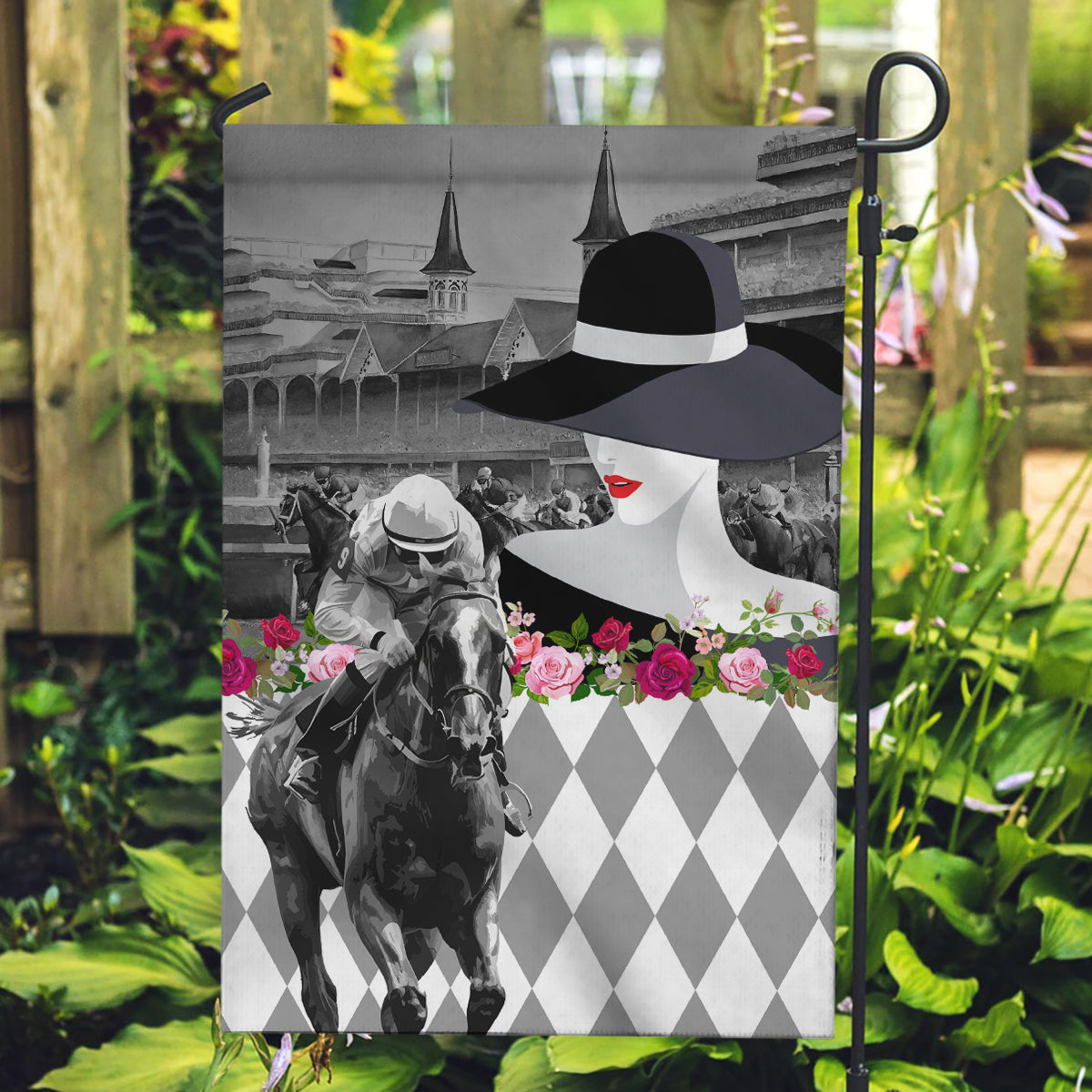 Kentucky Racing Horses Derby Hat Lady Garden Flag Churchill Downs and Roses Grayscale - Wonder Print Shop