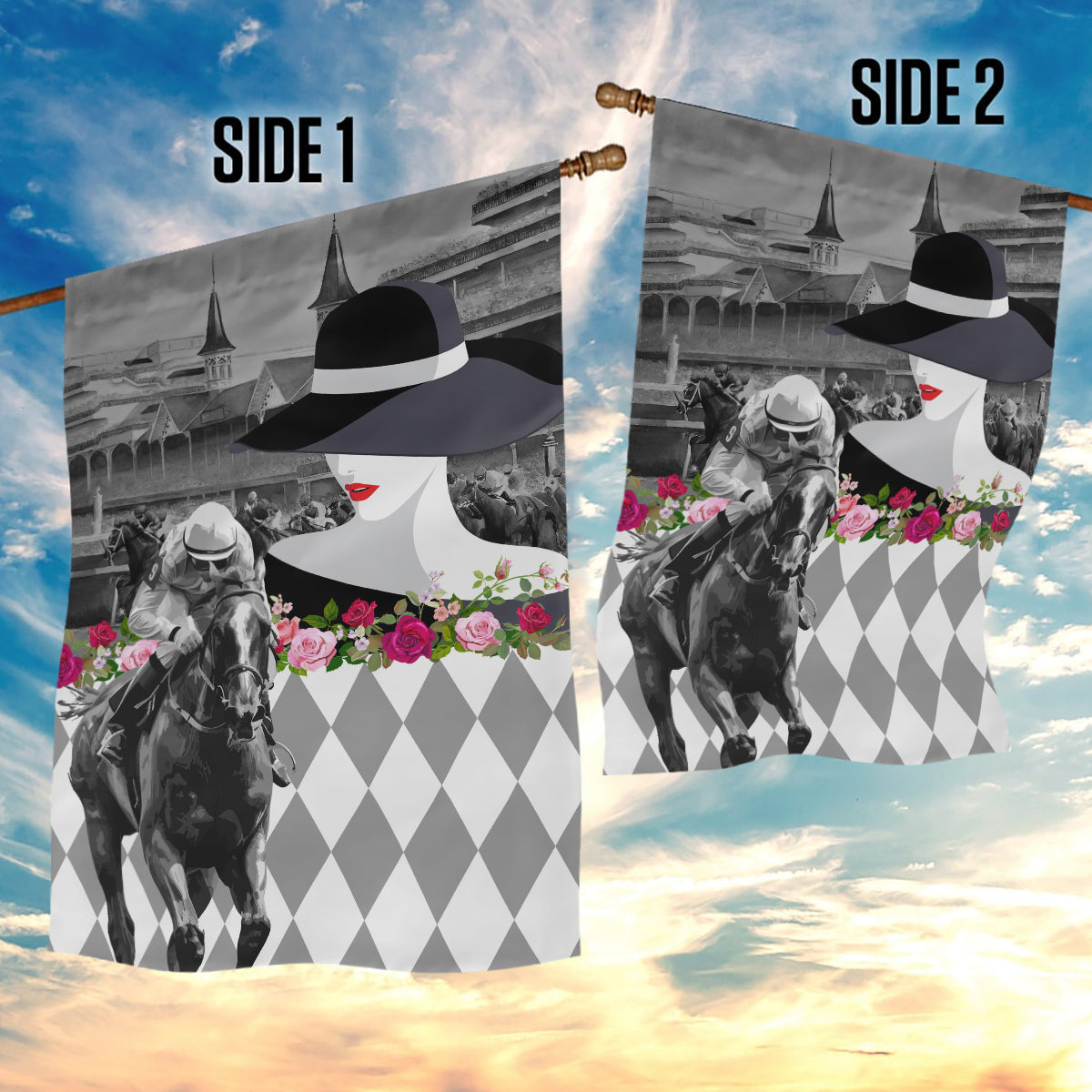 Kentucky Racing Horses Derby Hat Lady Garden Flag Churchill Downs and Roses Grayscale - Wonder Print Shop