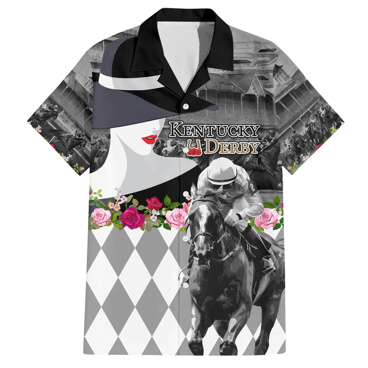 Kentucky Racing Horses Derby Hat Lady Hawaiian Shirt Churchill Downs and Roses Grayscale - Wonder Print Shop