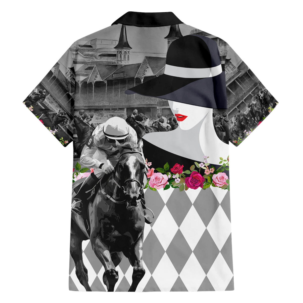 Kentucky Racing Horses Derby Hat Lady Hawaiian Shirt Churchill Downs and Roses Grayscale - Wonder Print Shop
