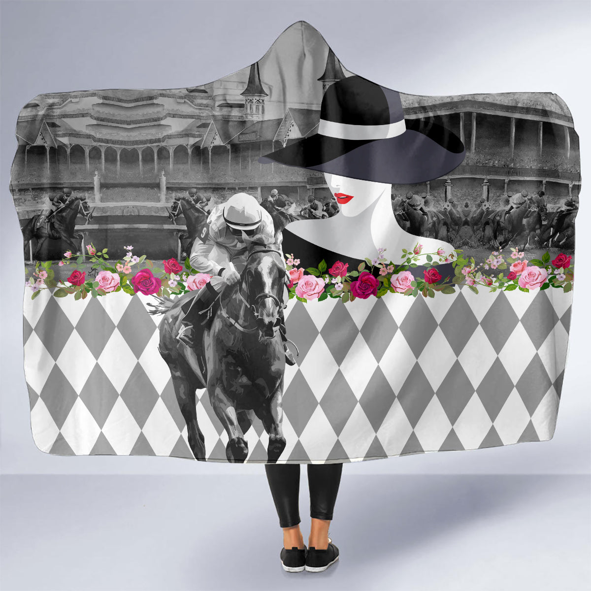 Kentucky Racing Horses Derby Hat Lady Hooded Blanket Churchill Downs and Roses Grayscale