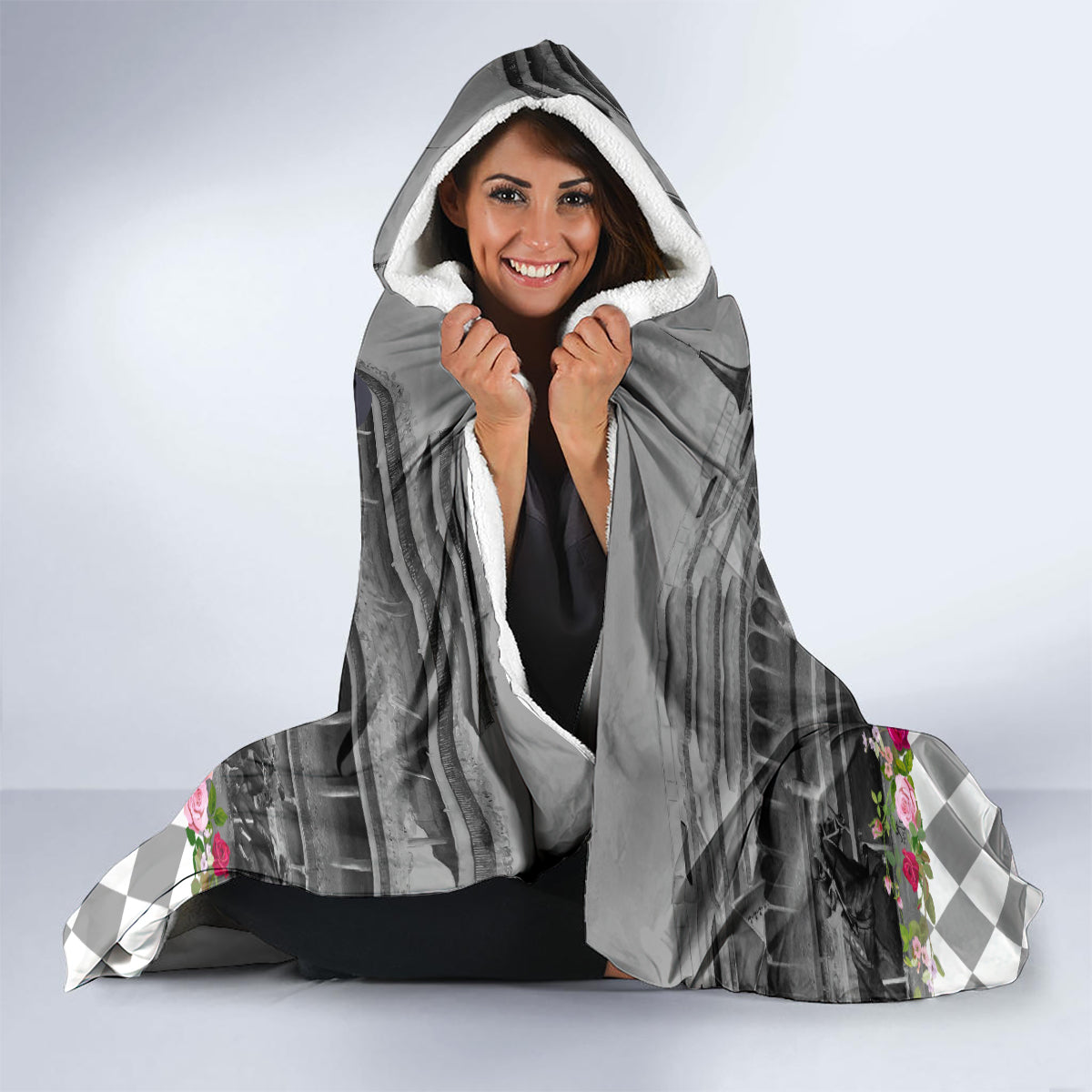 Kentucky Racing Horses Derby Hat Lady Hooded Blanket Churchill Downs and Roses Grayscale