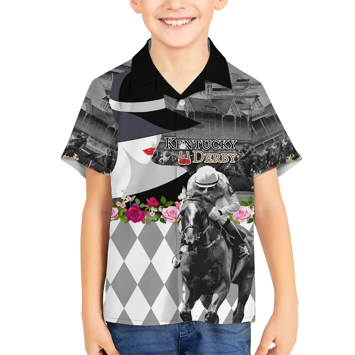 Kentucky Racing Horses Derby Hat Lady Kid Hawaiian Shirt Churchill Downs and Roses Grayscale - Wonder Print Shop