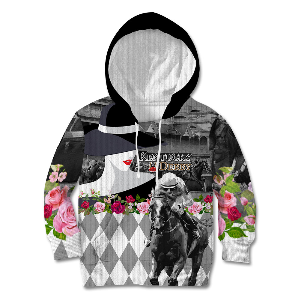 Kentucky Racing Horses Derby Hat Lady Kid Hoodie Churchill Downs and Roses Grayscale - Wonder Print Shop