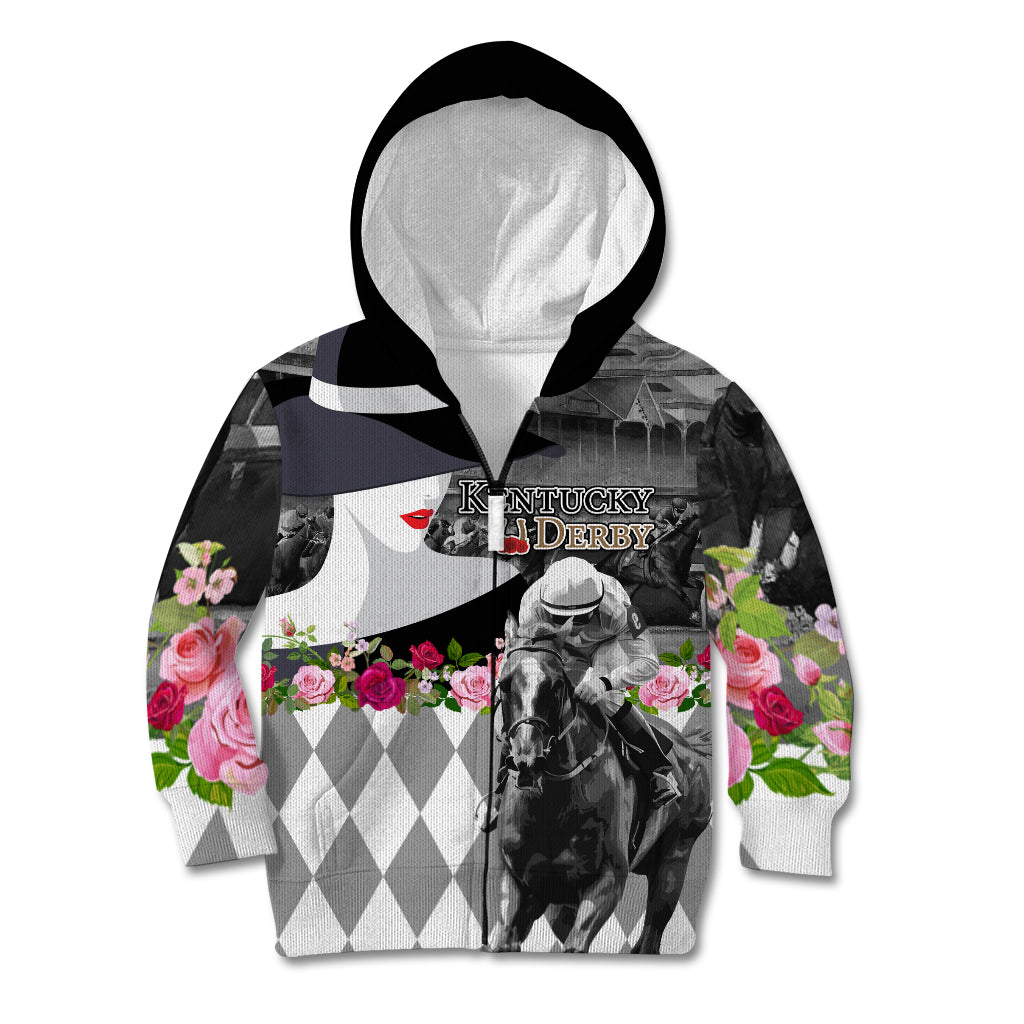 Kentucky Racing Horses Derby Hat Lady Kid Hoodie Churchill Downs and Roses Grayscale - Wonder Print Shop