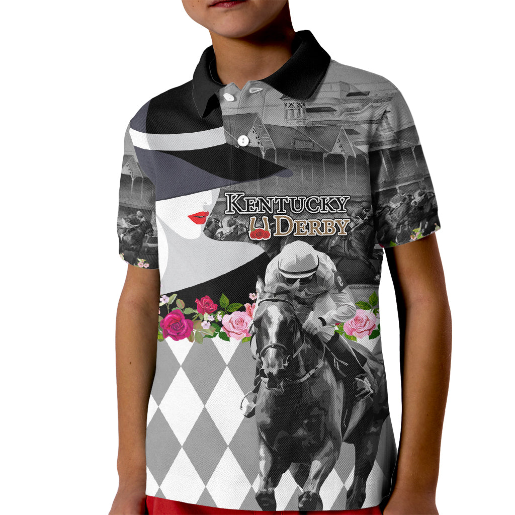 Kentucky Racing Horses Derby Hat Lady Kid Polo Shirt Churchill Downs and Roses Grayscale - Wonder Print Shop