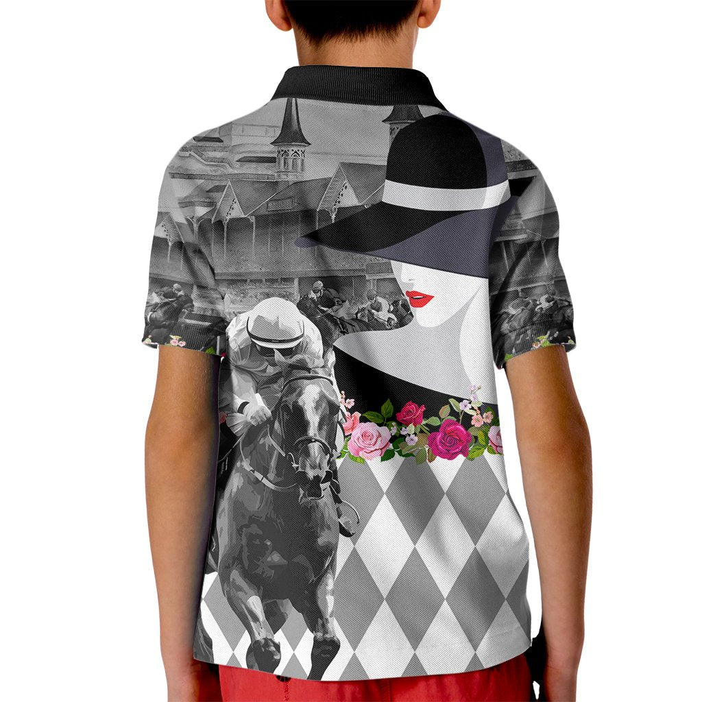 Kentucky Racing Horses Derby Hat Lady Kid Polo Shirt Churchill Downs and Roses Grayscale - Wonder Print Shop