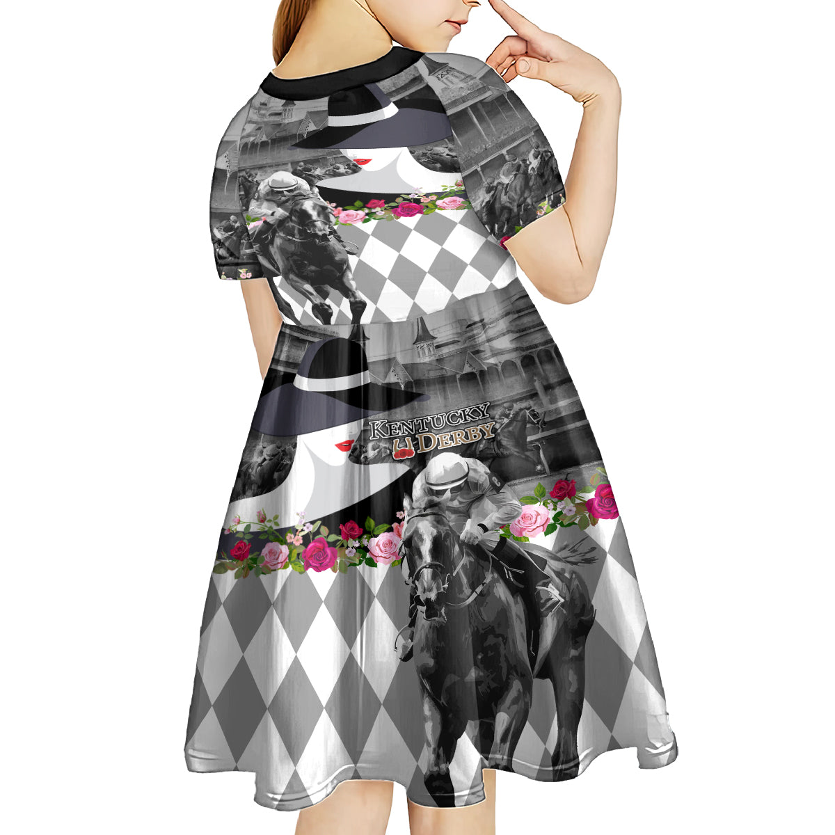 Kentucky Racing Horses Derby Hat Lady Kid Short Sleeve Dress Churchill Downs and Roses Grayscale - Wonder Print Shop