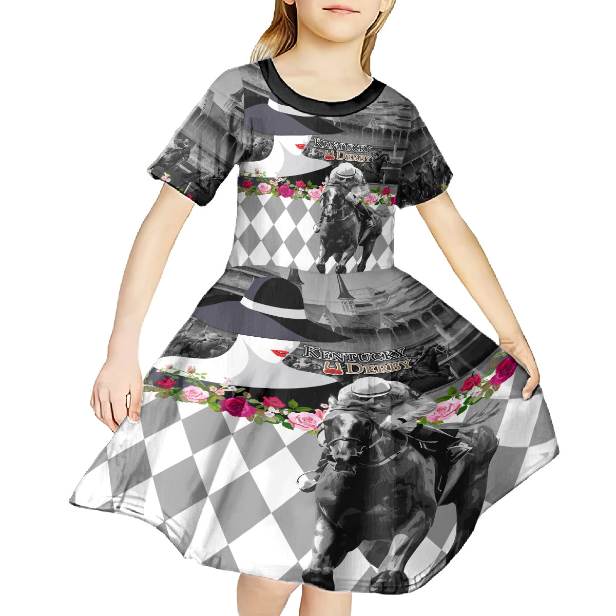 Kentucky Racing Horses Derby Hat Lady Kid Short Sleeve Dress Churchill Downs and Roses Grayscale - Wonder Print Shop