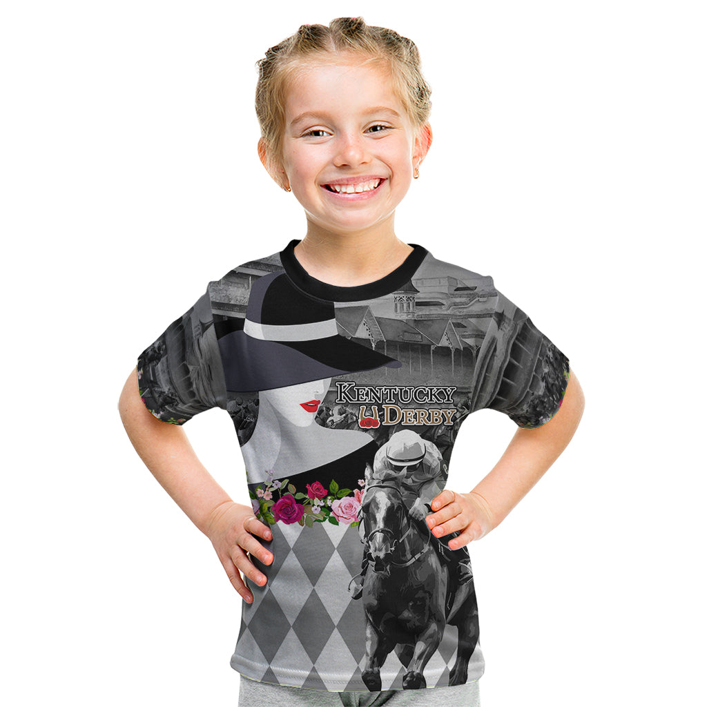 Kentucky Racing Horses Derby Hat Lady Kid T Shirt Churchill Downs and Roses Grayscale - Wonder Print Shop