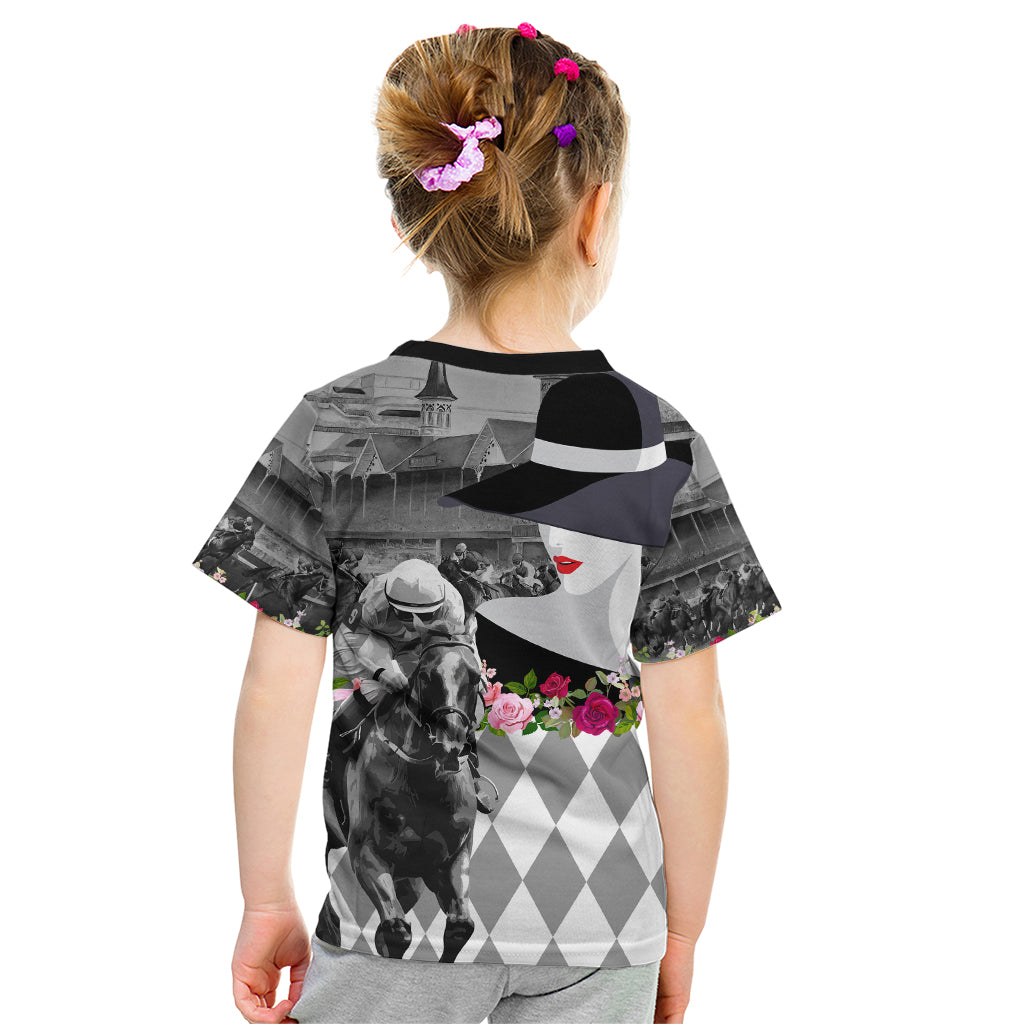 Kentucky Racing Horses Derby Hat Lady Kid T Shirt Churchill Downs and Roses Grayscale - Wonder Print Shop
