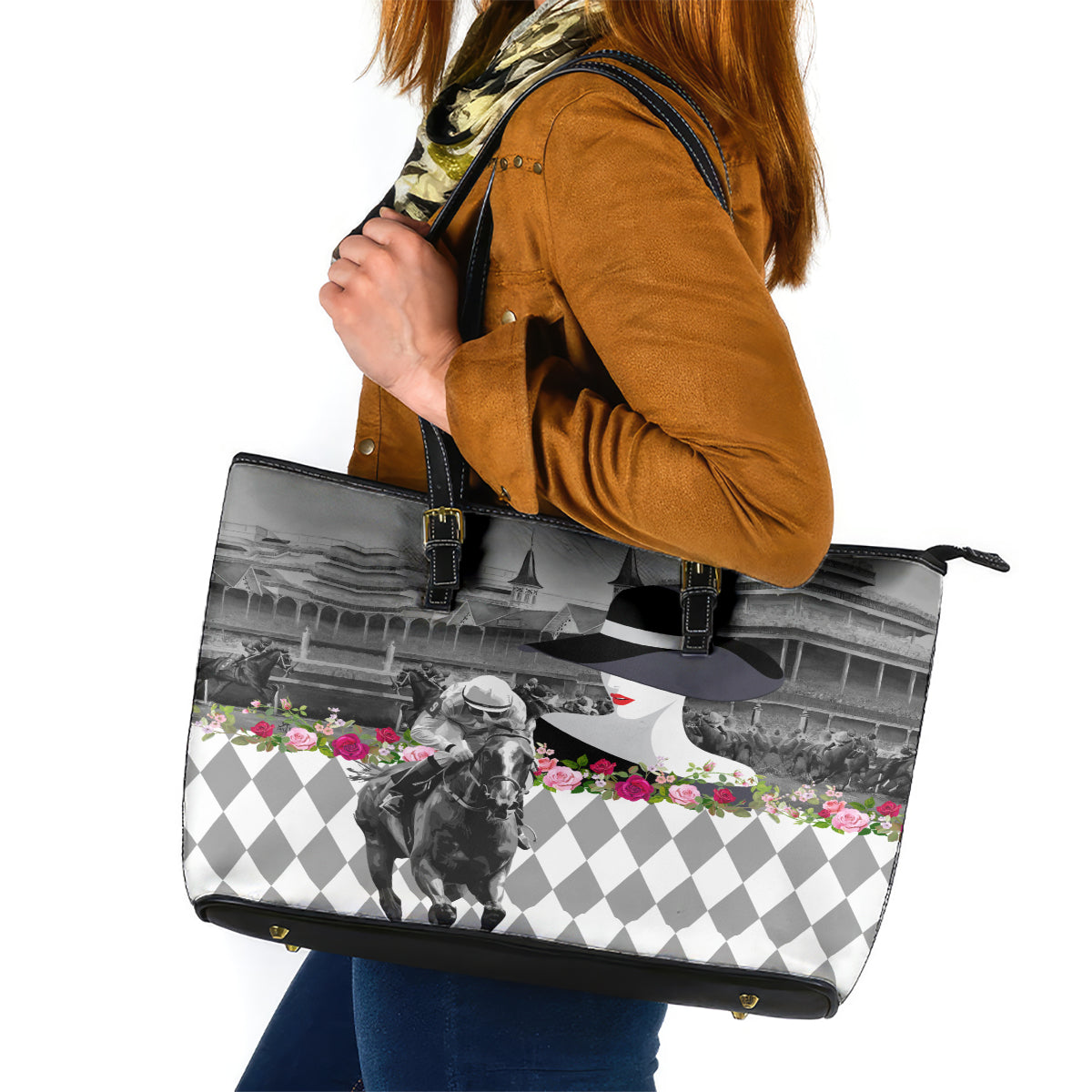 Kentucky Racing Horses Derby Hat Lady Leather Tote Bag Churchill Downs and Roses Grayscale