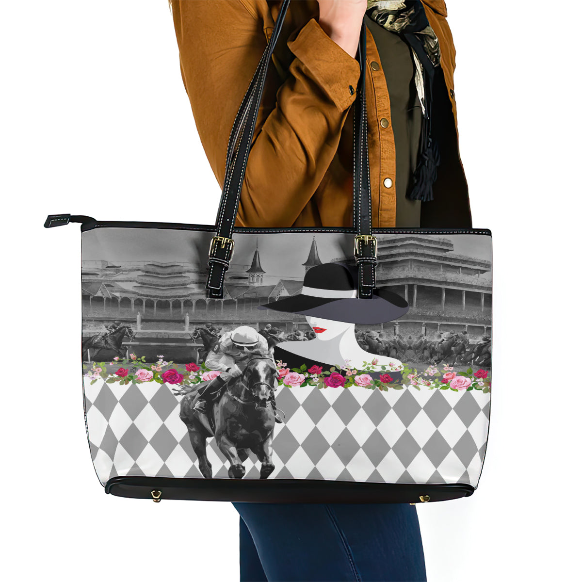 Kentucky Racing Horses Derby Hat Lady Leather Tote Bag Churchill Downs and Roses Grayscale - Wonder Print Shop