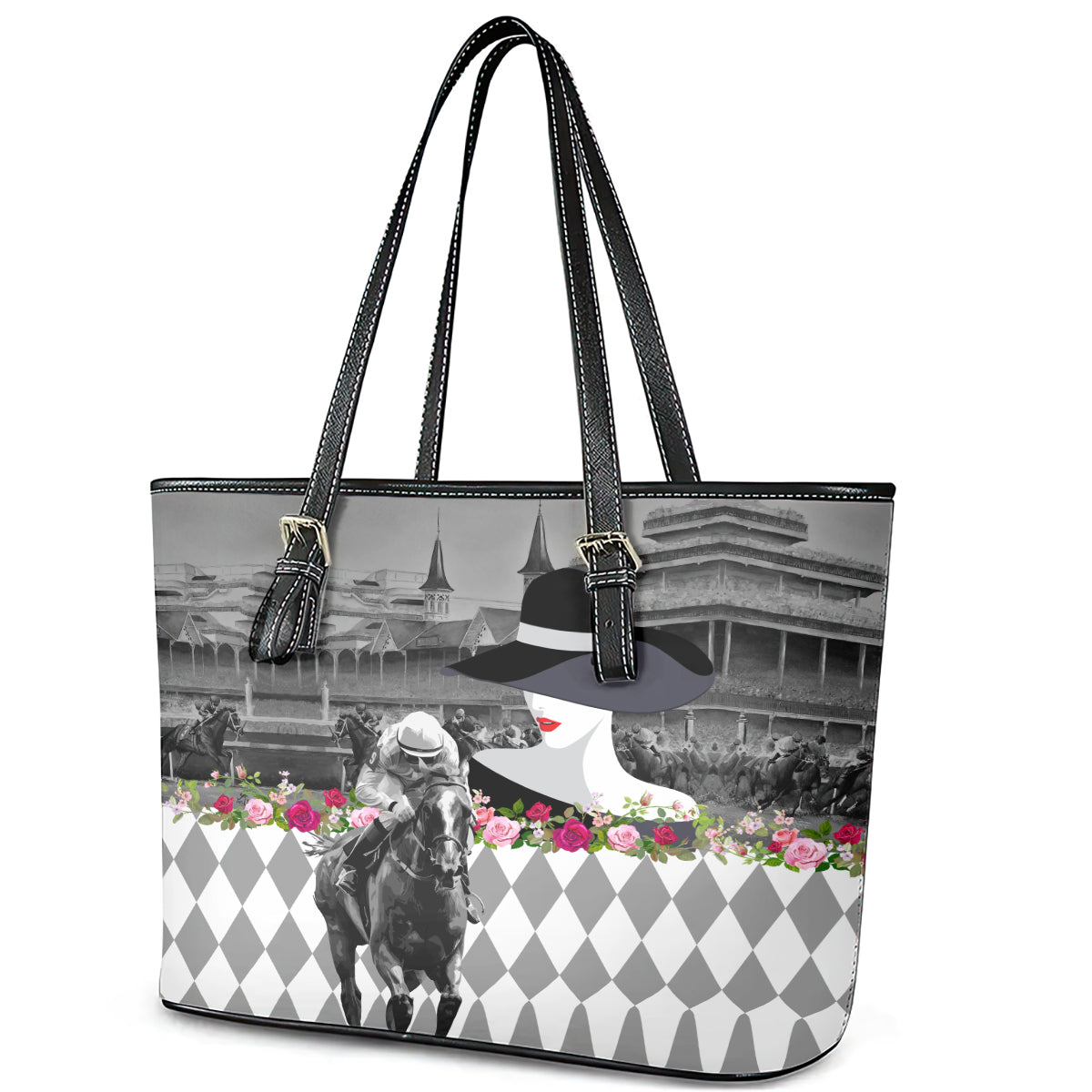 Kentucky Racing Horses Derby Hat Lady Leather Tote Bag Churchill Downs and Roses Grayscale - Wonder Print Shop
