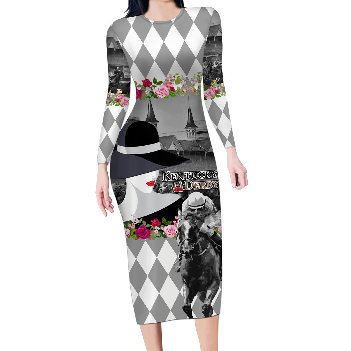 Kentucky Racing Horses Derby Hat Lady Long Sleeve Bodycon Dress Churchill Downs and Roses Grayscale - Wonder Print Shop