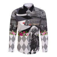 Kentucky Racing Horses Derby Hat Lady Long Sleeve Button Shirt Churchill Downs and Roses Grayscale - Wonder Print Shop