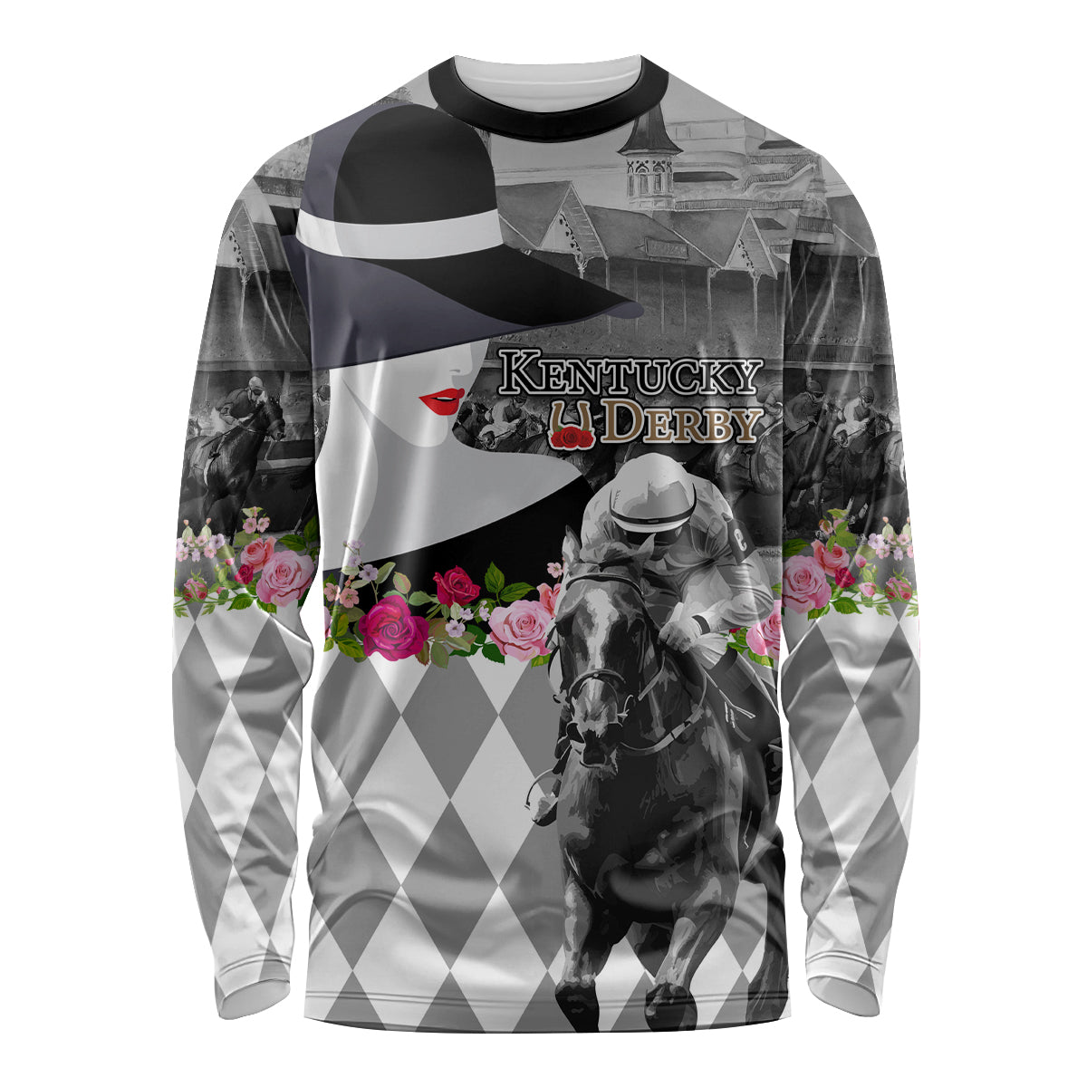 Kentucky Racing Horses Derby Hat Lady Long Sleeve Shirt Churchill Downs and Roses Grayscale - Wonder Print Shop