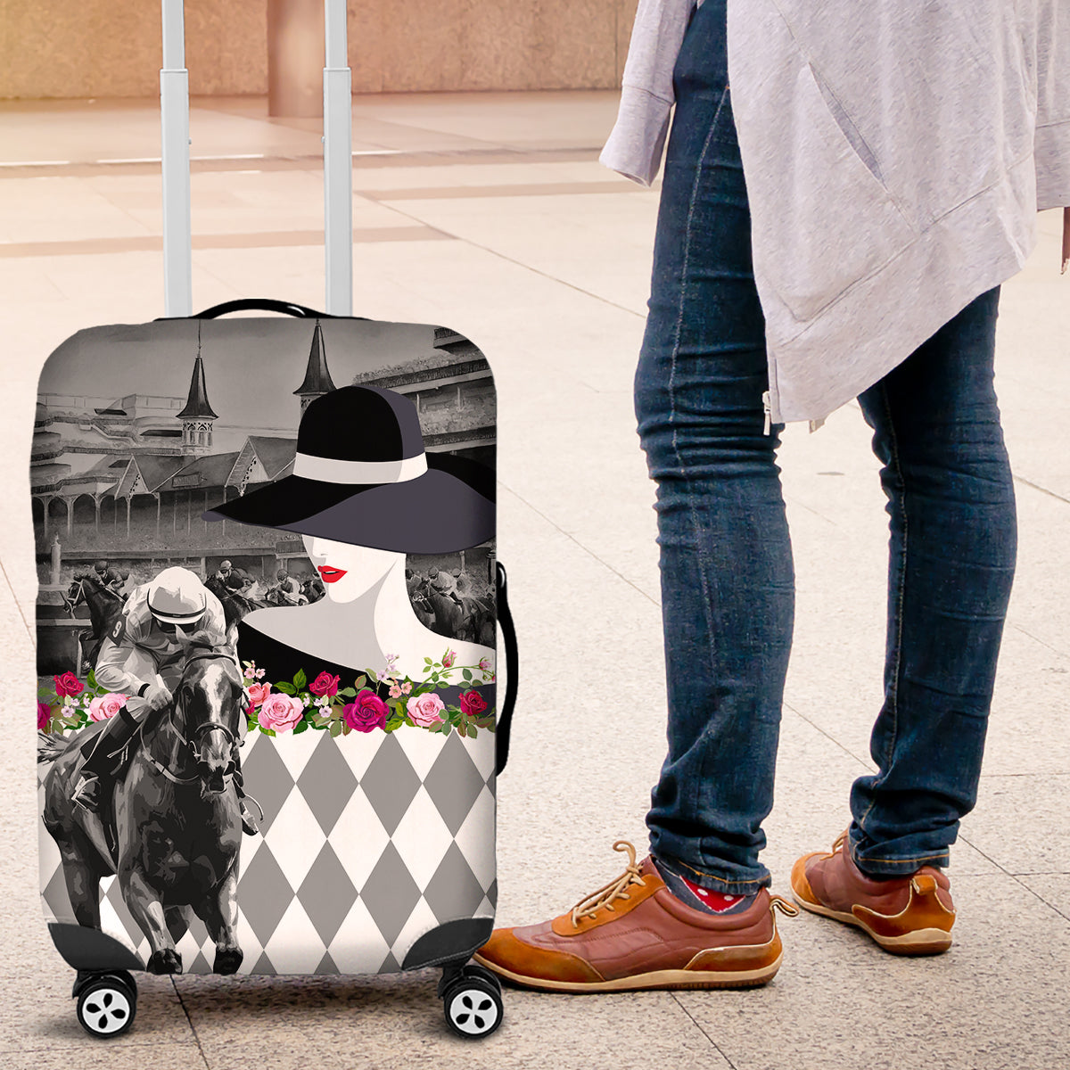 Kentucky Racing Horses Derby Hat Lady Luggage Cover Churchill Downs and Roses Grayscale - Wonder Print Shop