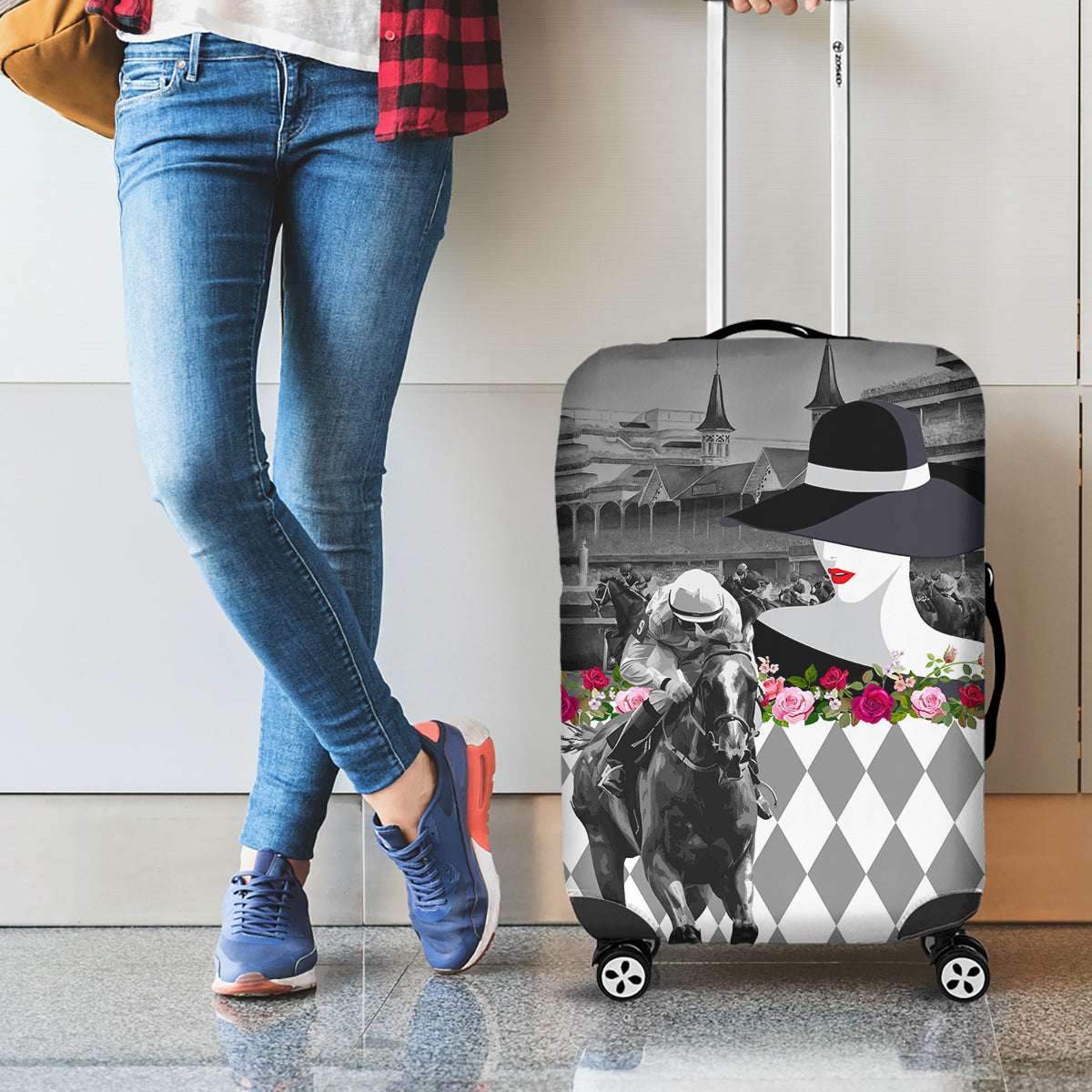 Kentucky Racing Horses Derby Hat Lady Luggage Cover Churchill Downs and Roses Grayscale - Wonder Print Shop