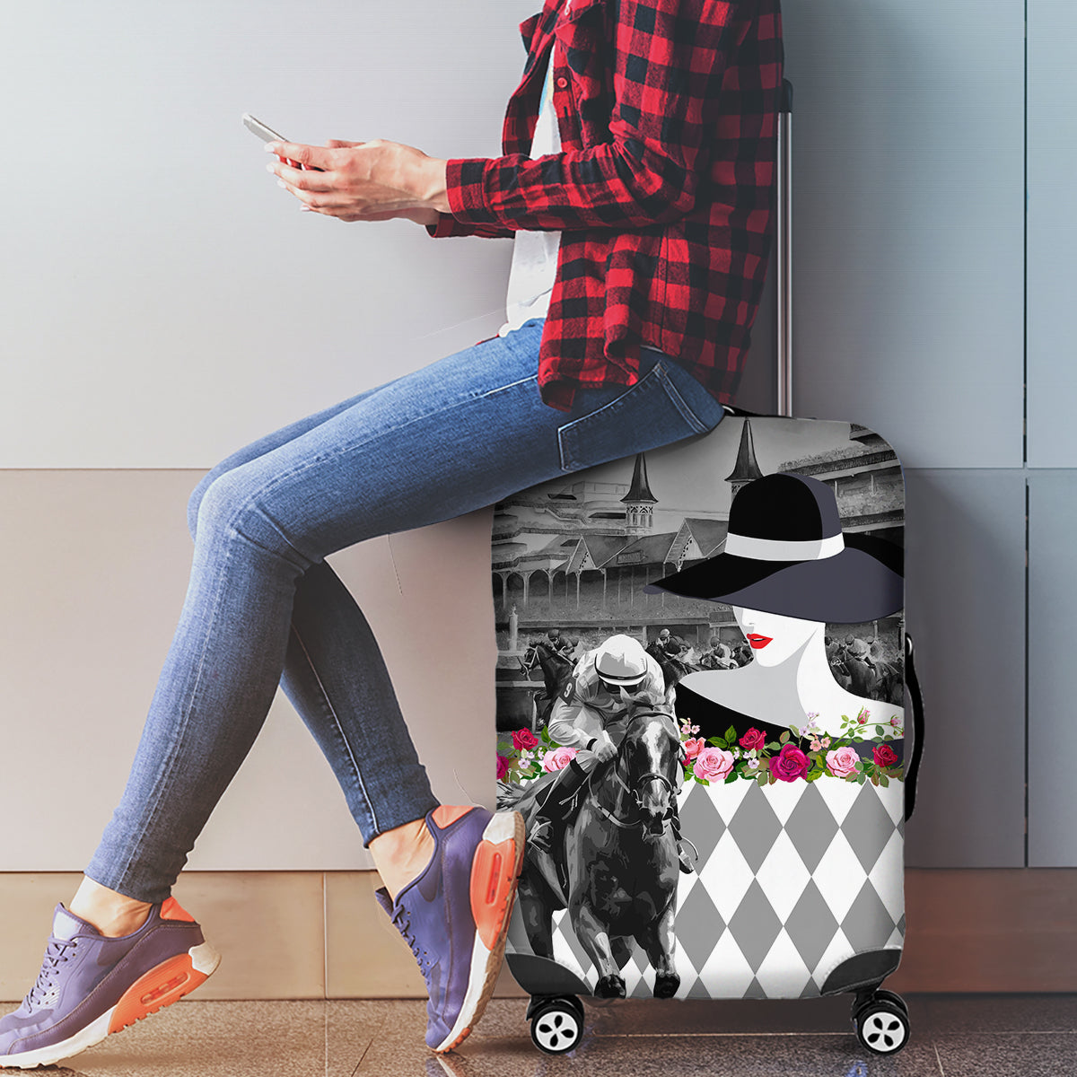 Kentucky Racing Horses Derby Hat Lady Luggage Cover Churchill Downs and Roses Grayscale - Wonder Print Shop