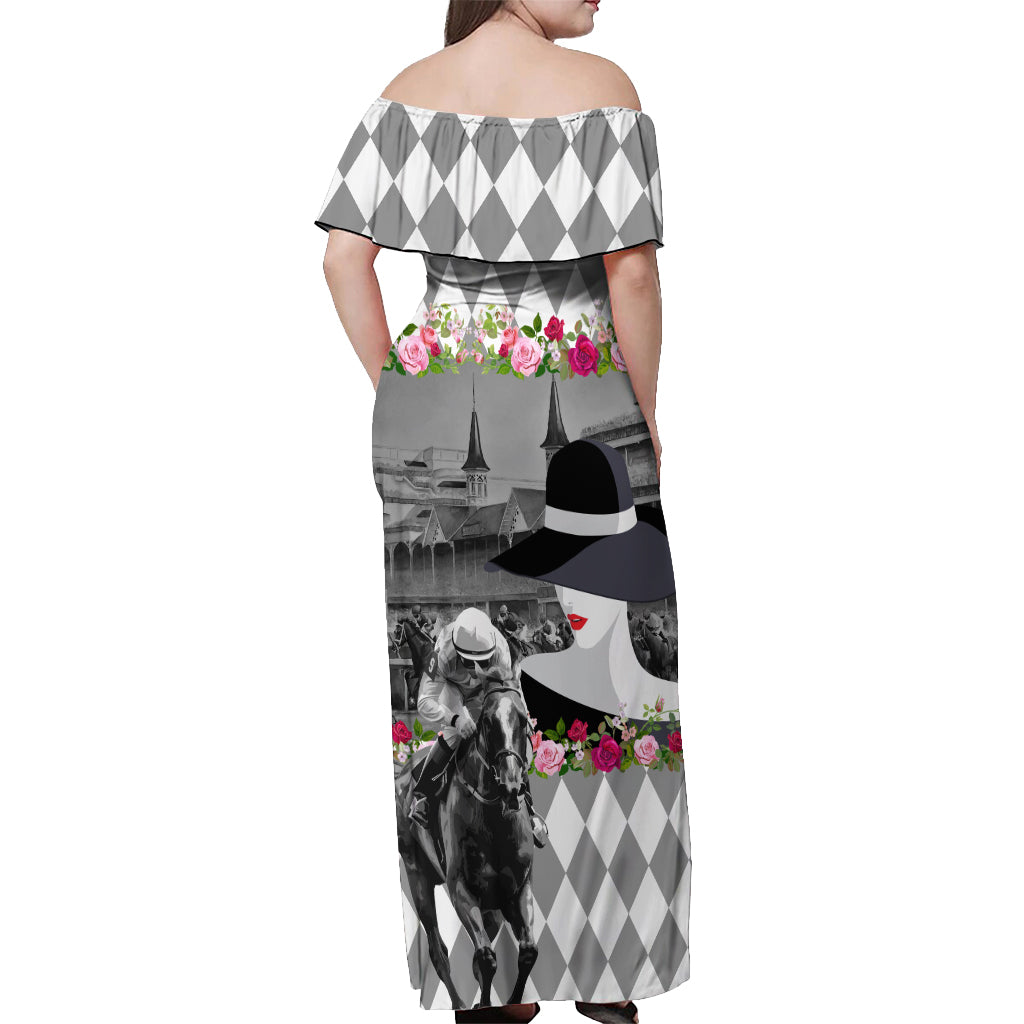 Kentucky Racing Horses Derby Hat Lady Off Shoulder Maxi Dress Churchill Downs and Roses Grayscale - Wonder Print Shop