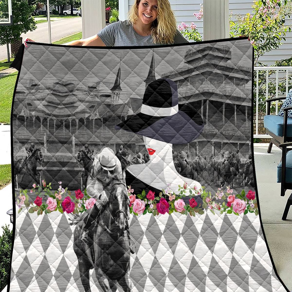 Kentucky Racing Horses Derby Hat Lady Quilt Churchill Downs and Roses Grayscale