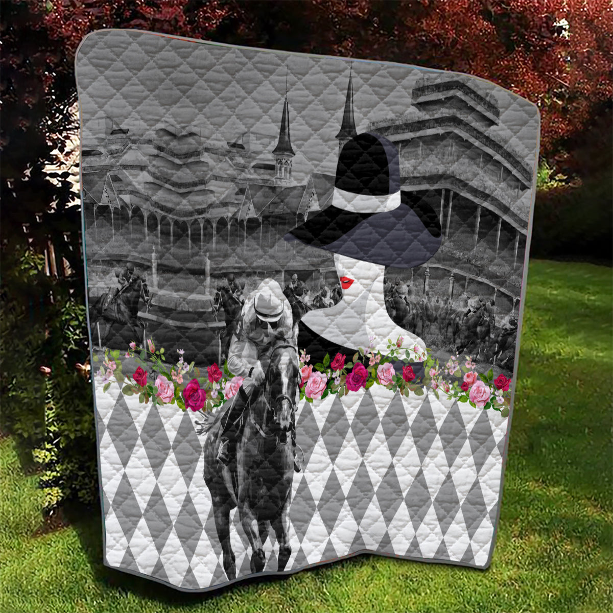 Kentucky Racing Horses Derby Hat Lady Quilt Churchill Downs and Roses Grayscale - Wonder Print Shop