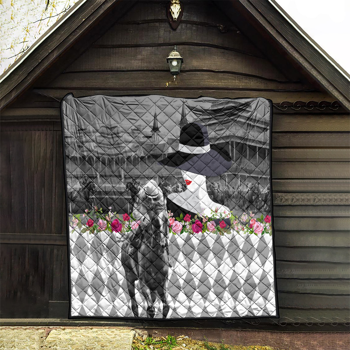 Kentucky Racing Horses Derby Hat Lady Quilt Churchill Downs and Roses Grayscale - Wonder Print Shop