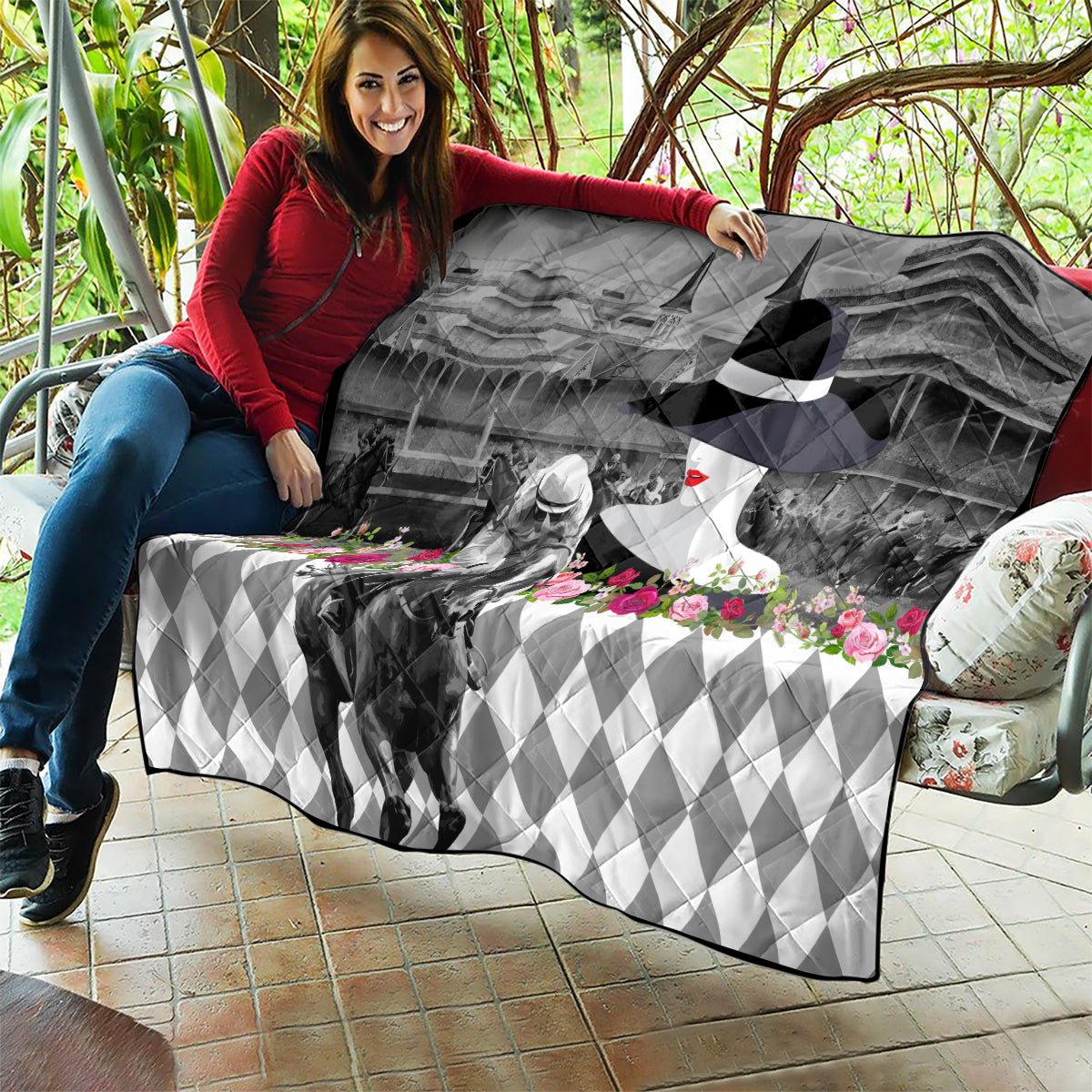 Kentucky Racing Horses Derby Hat Lady Quilt Churchill Downs and Roses Grayscale - Wonder Print Shop