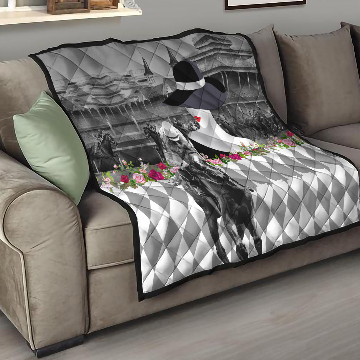 Kentucky Racing Horses Derby Hat Lady Quilt Churchill Downs and Roses Grayscale - Wonder Print Shop
