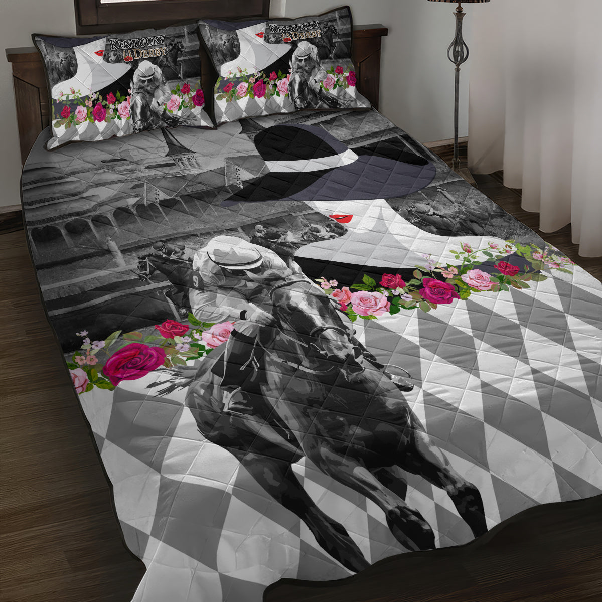 Kentucky Racing Horses Derby Hat Lady Quilt Bed Set Churchill Downs and Roses Grayscale