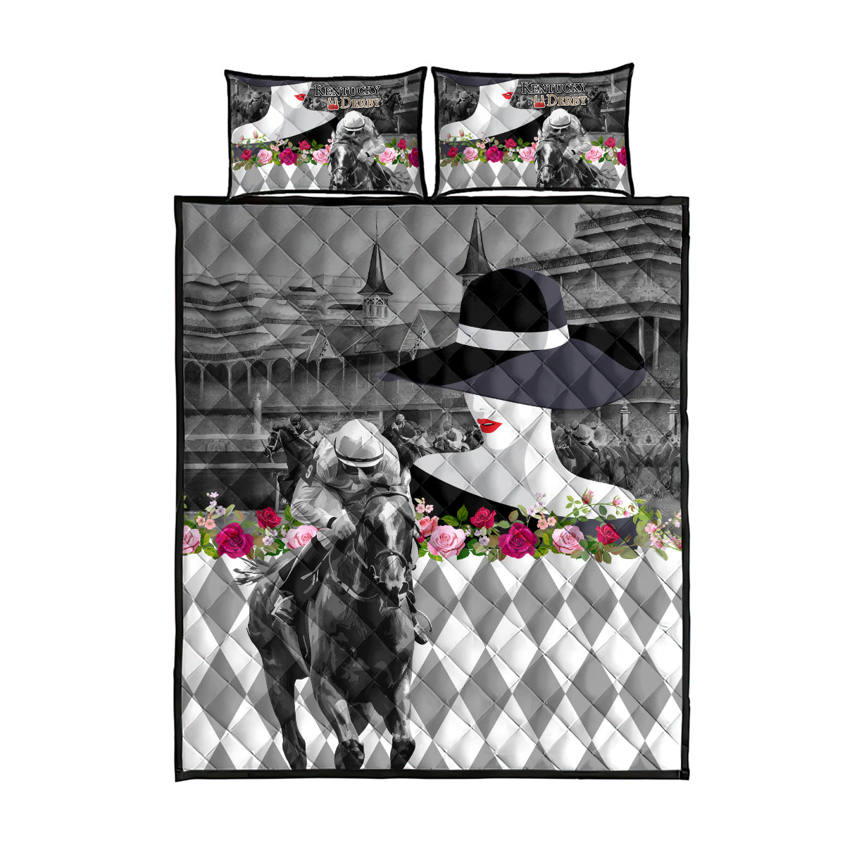 Kentucky Racing Horses Derby Hat Lady Quilt Bed Set Churchill Downs and Roses Grayscale - Wonder Print Shop