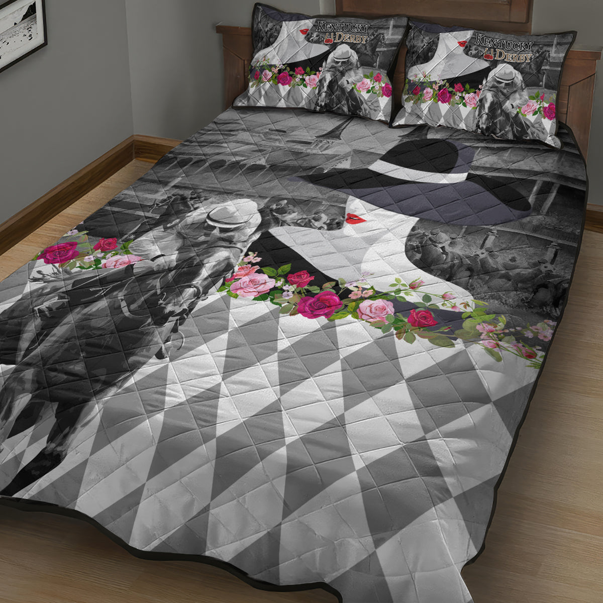 Kentucky Racing Horses Derby Hat Lady Quilt Bed Set Churchill Downs and Roses Grayscale - Wonder Print Shop