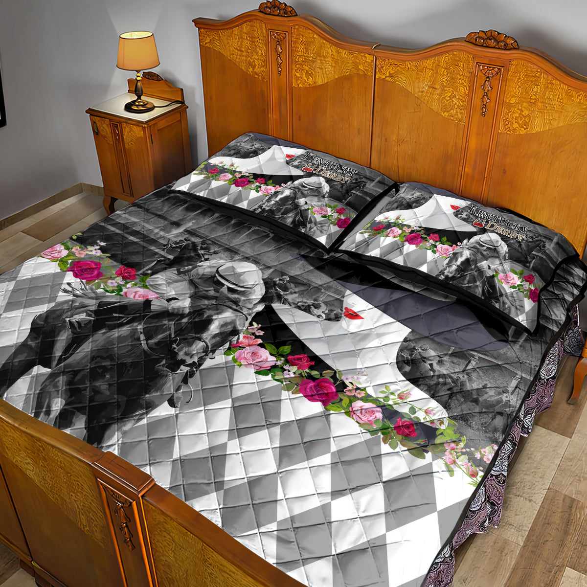 Kentucky Racing Horses Derby Hat Lady Quilt Bed Set Churchill Downs and Roses Grayscale - Wonder Print Shop