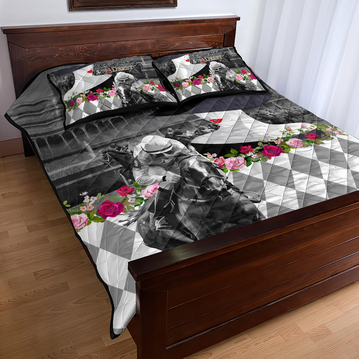 Kentucky Racing Horses Derby Hat Lady Quilt Bed Set Churchill Downs and Roses Grayscale - Wonder Print Shop