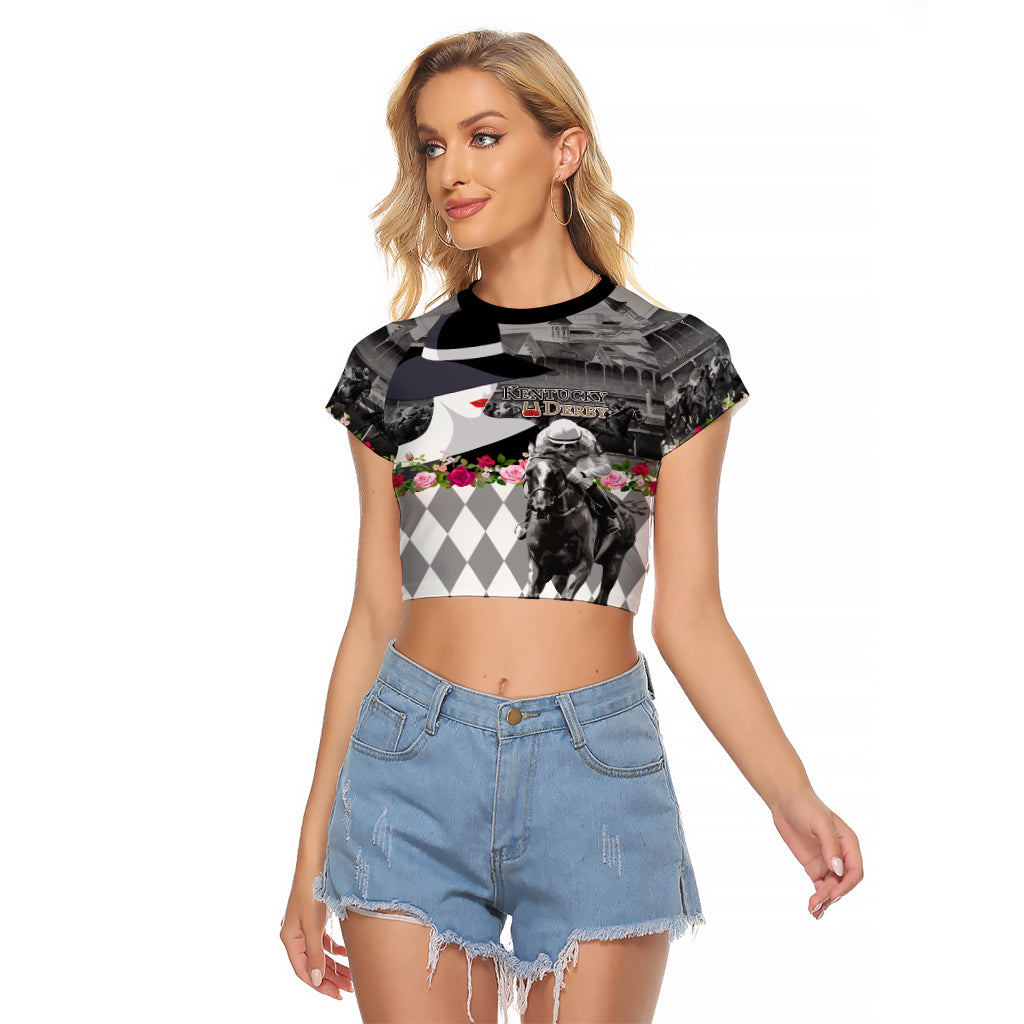 Kentucky Racing Horses Derby Hat Lady Raglan Cropped T Shirt Churchill Downs and Roses Grayscale - Wonder Print Shop