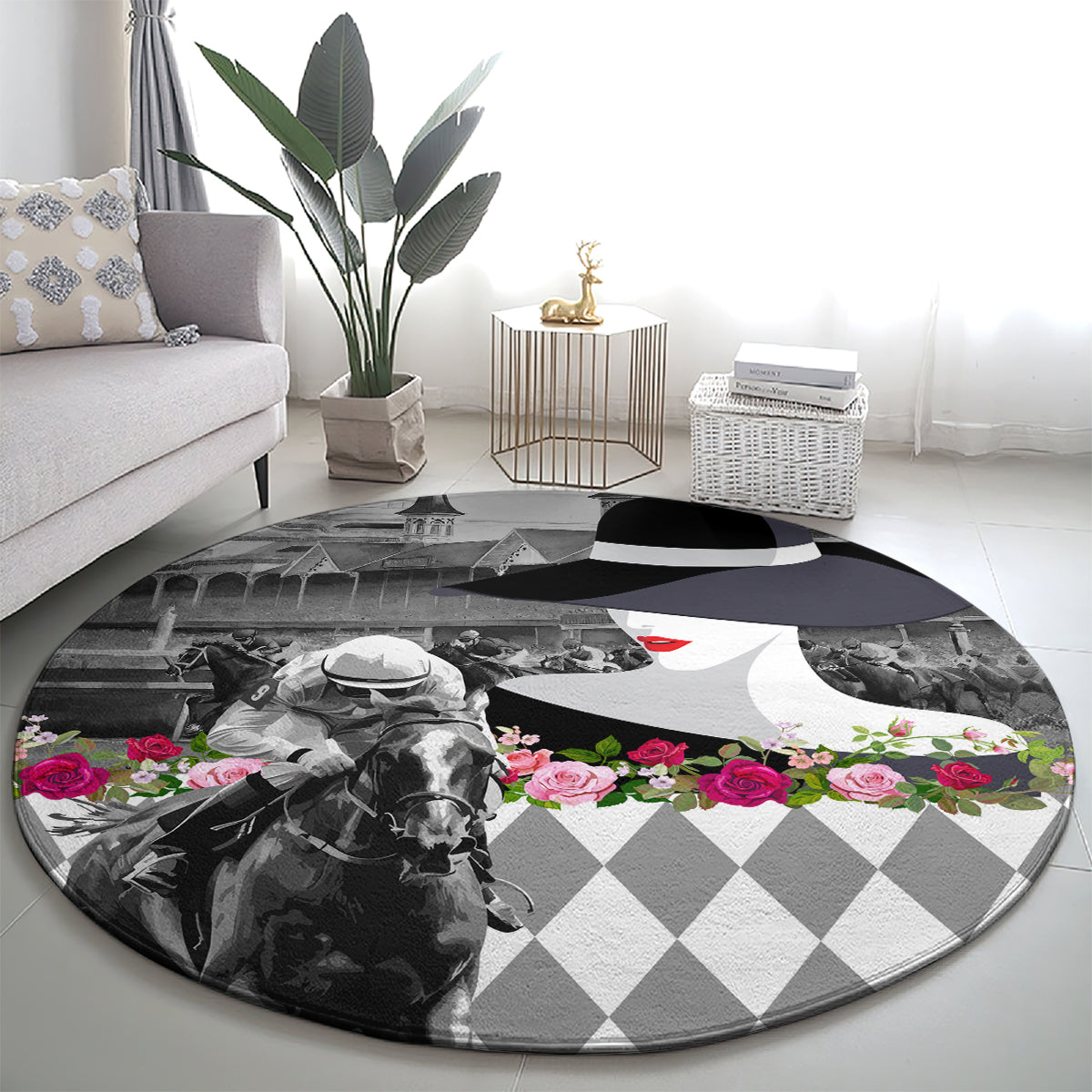 Kentucky Racing Horses Derby Hat Lady Round Carpet Churchill Downs and Roses Grayscale