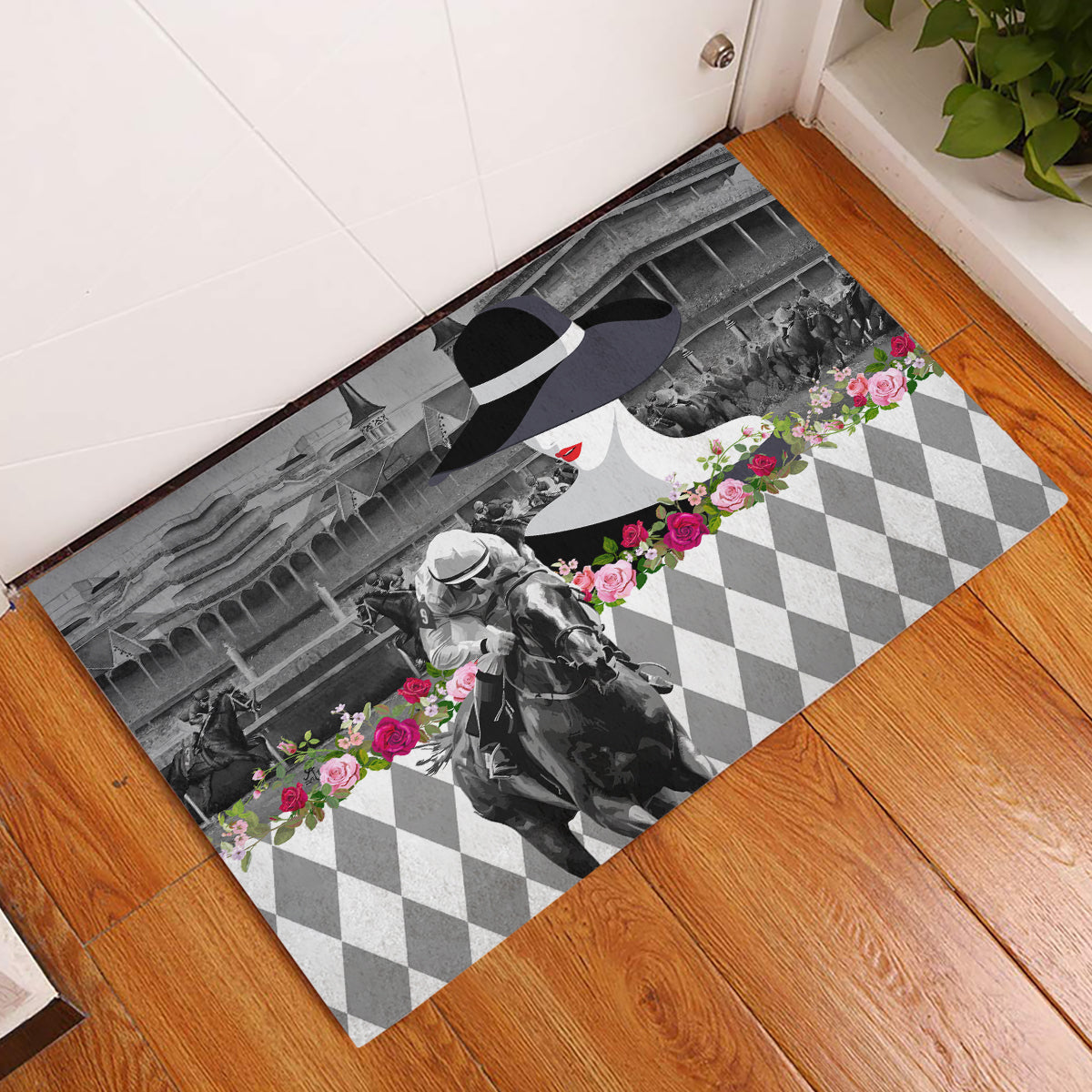 Kentucky Racing Horses Derby Hat Lady Rubber Doormat Churchill Downs and Roses Grayscale - Wonder Print Shop