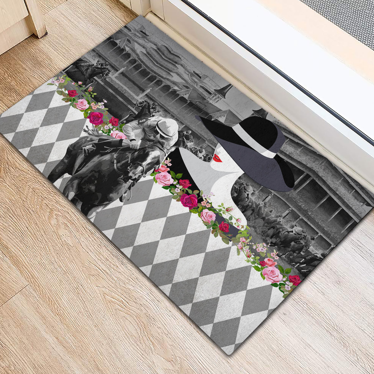 Kentucky Racing Horses Derby Hat Lady Rubber Doormat Churchill Downs and Roses Grayscale - Wonder Print Shop