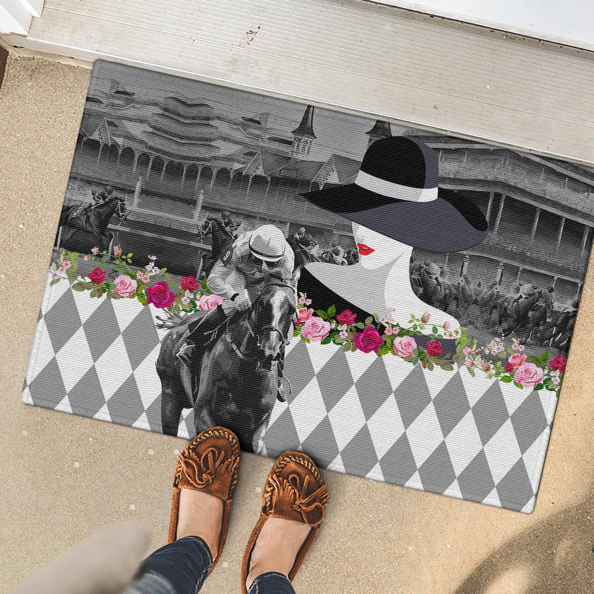Kentucky Racing Horses Derby Hat Lady Rubber Doormat Churchill Downs and Roses Grayscale - Wonder Print Shop