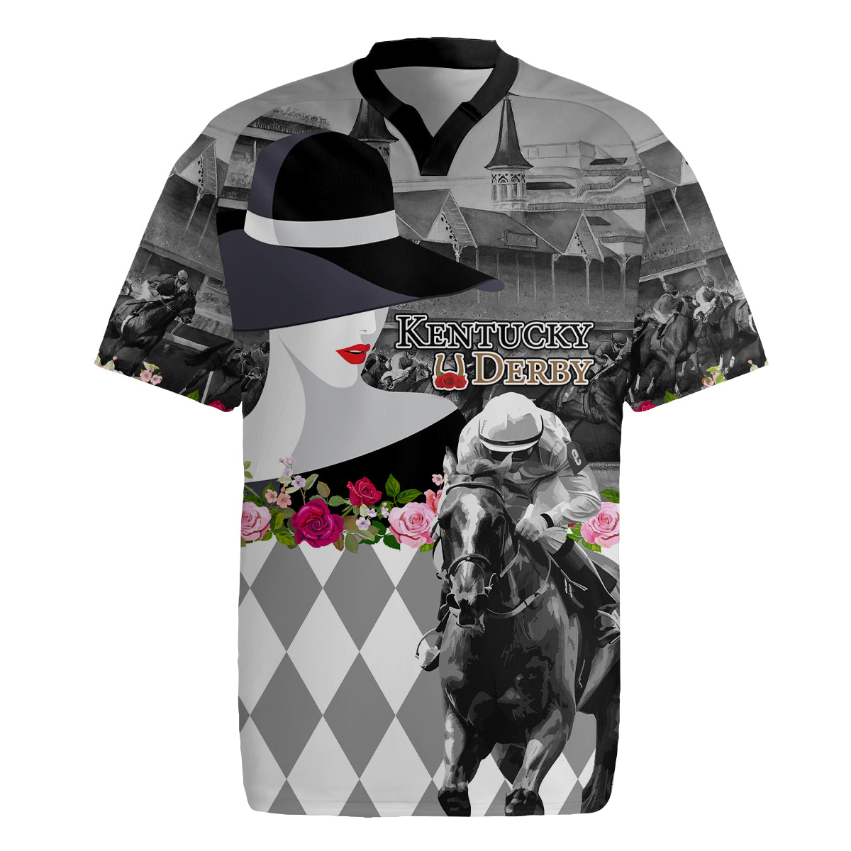 Kentucky Racing Horses Derby Hat Lady Rugby Jersey Churchill Downs and Roses Grayscale - Wonder Print Shop