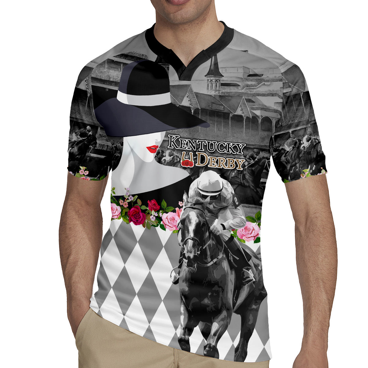 Kentucky Racing Horses Derby Hat Lady Rugby Jersey Churchill Downs and Roses Grayscale - Wonder Print Shop