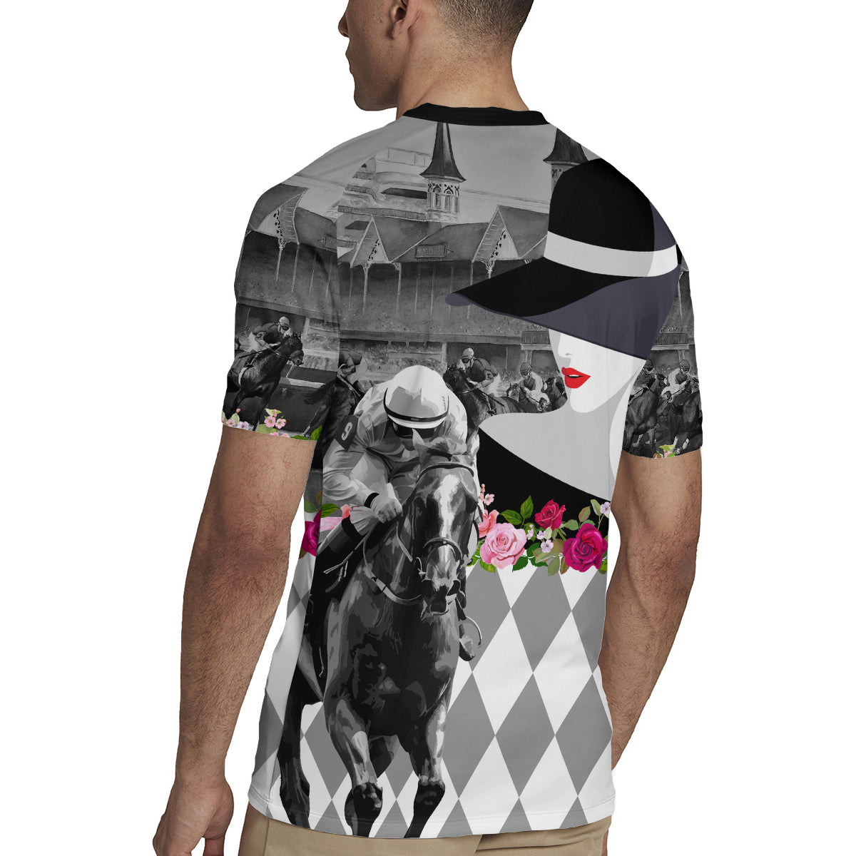 Kentucky Racing Horses Derby Hat Lady Rugby Jersey Churchill Downs and Roses Grayscale - Wonder Print Shop